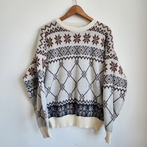 Cozy White and Brown Patterned Turtleneck Sweater